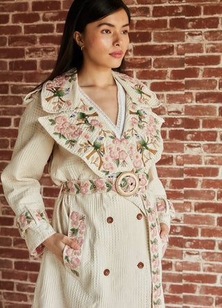 Ivory floral and bird embroidered trench