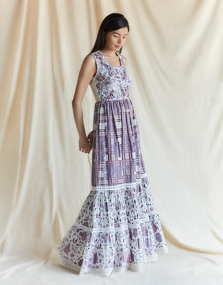 Purple mul printed and embroidered tiered maxi