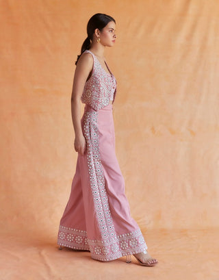Salmon pink embroidered waistcoat and pants