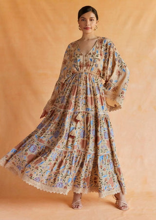 Beige mul printed and embroidered kimono dress