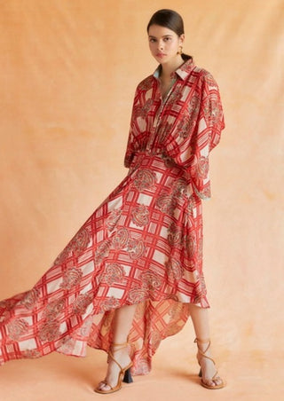 Beige and red mul printed kimono dress