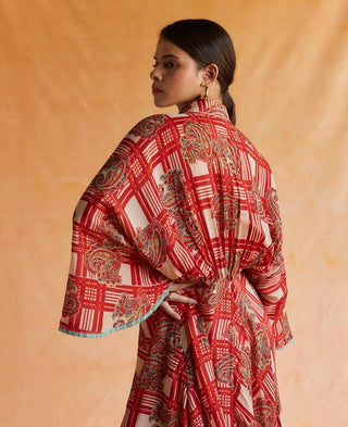 Beige and red mul printed kimono dress