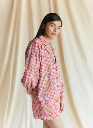 Red cotton check printed jacket and shorts
