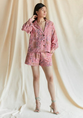 Red cotton check printed jacket and shorts