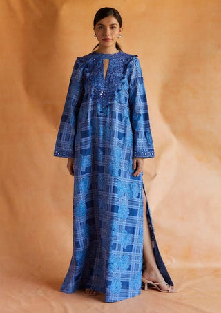 Blue mul printed and embroidered kaftan