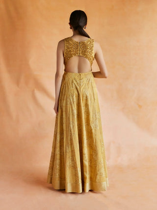 Yellow gold printed and embroidered maxi