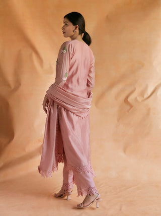 Salmon pink silk embroidered kurta set
