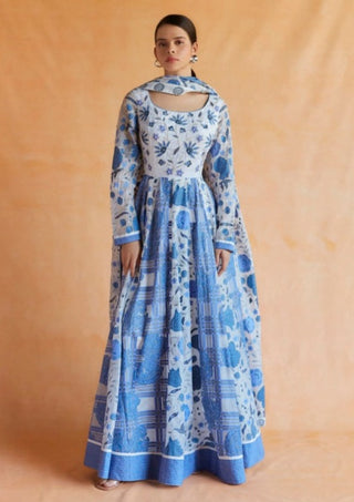 Blue and white printed anarkali and dupatta