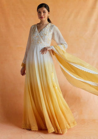 White and yellow ombre angrakha maxi and dupatta