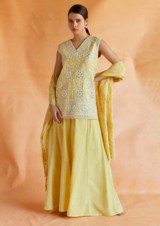 Lemon yellow embroidered short kurta set