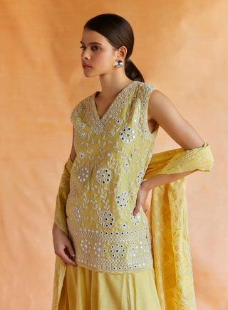Lemon yellow embroidered short kurta set
