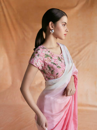 Pink and white ombre embroidered sari and blouse