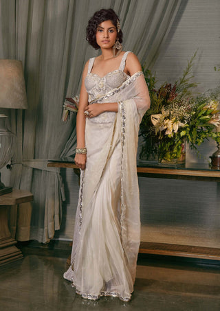 Kisneel By Pam Mehta-Champagne Corset And Sari Set-INDIASPOPUP.COM