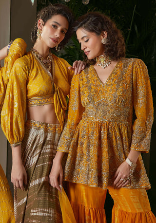 Kisneel By Pam Mehta-Yellow Peplum Top And Garara Set-INDIASPOPUP.COM