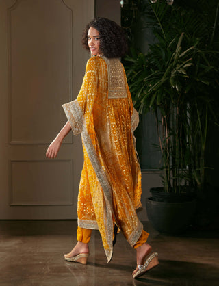 Kisneel By Pam Mehta-Yellow Printed Kaftan And Pants-INDIASPOPUP.COM