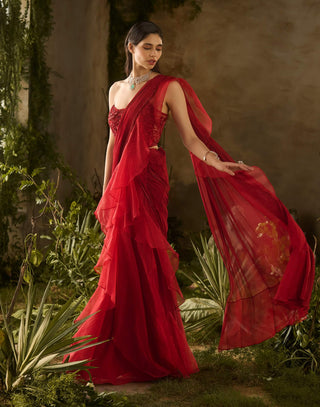 Scarlet red draped sari and blouse