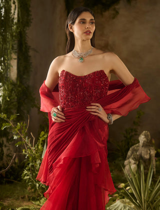 Scarlet red draped sari and blouse