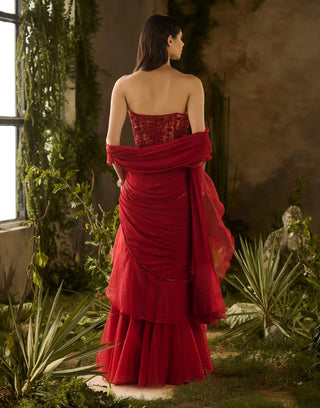 Scarlet red draped sari and blouse