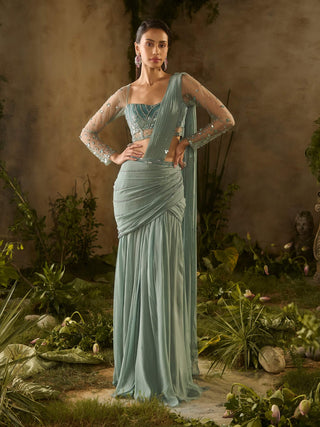 Sea green draped sari and blouse