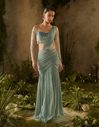 Sea green draped sari and blouse