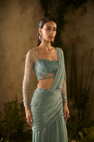 Sea green draped sari and blouse