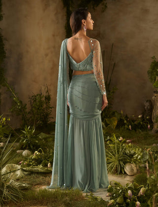 Sea green draped sari and blouse