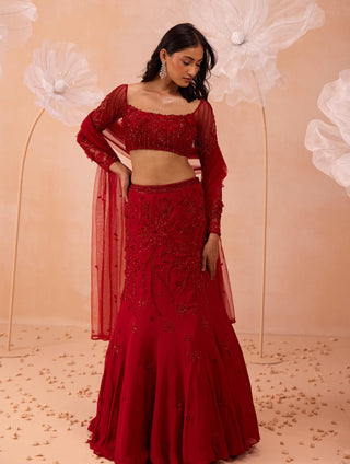 Red Fishtail Lehenga Set by Parul Gandhi available on Indiaspopup.com