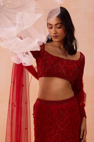 Red Fishtail Lehenga Set by Parul Gandhi available on Indiaspopup.com