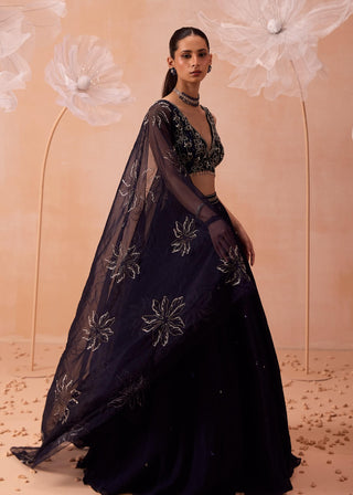 Deep blue organza lehenga set