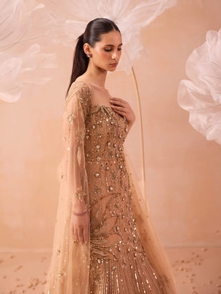 Gold Net Gleaming Gown by Parul Gandhi available on Indiaspopup.com