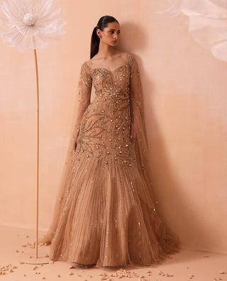 Gold Net Gleaming Gown by Parul Gandhi available on Indiaspopup.com