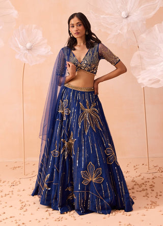 Blue Floral Embellished Lehenga Set by Parul Gandhi available on Indiaspopup.com