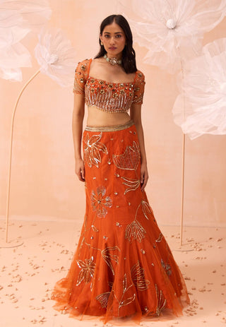 Burnt Orange Floral Embroidered Lehenga Set by Parul Gandhi available on Indiaspopup.com