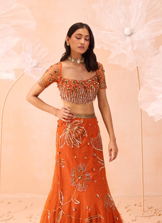 Burnt Orange Floral Embroidered Lehenga Set by Parul Gandhi available on Indiaspopup.com