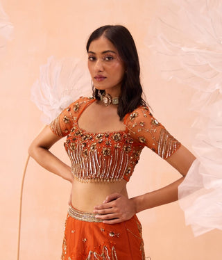 Burnt Orange Floral Embroidered Lehenga Set by Parul Gandhi available on Indiaspopup.com