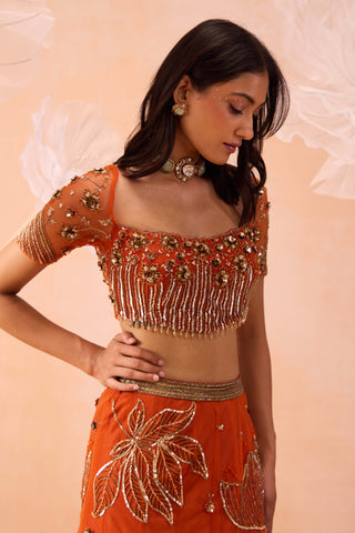 Burnt Orange Floral Embroidered Lehenga Set by Parul Gandhi available on Indiaspopup.com