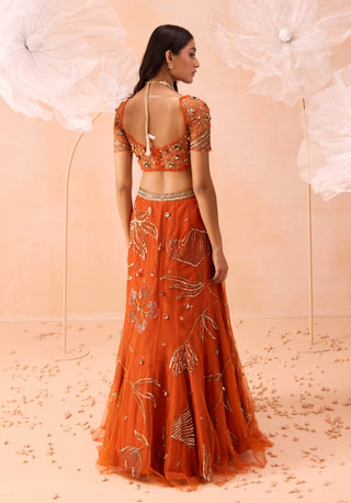 Burnt Orange Floral Embroidered Lehenga Set by Parul Gandhi available on Indiaspopup.com