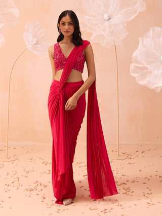 Fuchsia pink drape sari set