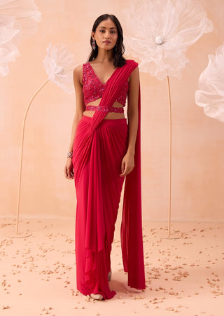 Fuchsia pink drape sari set