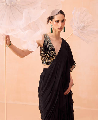 Black Ruffle Sari And Blouse by Parul Gandhi available on Indiaspopup.com