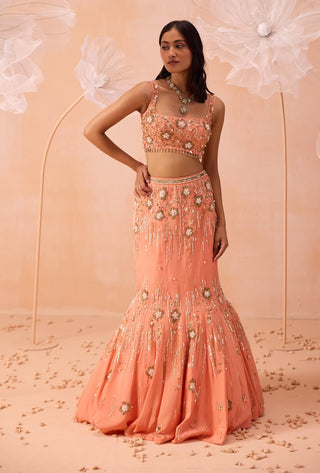 Peachy Pearl Embellished Lehenga Set by Parul Gandhi available on Indiaspopup.com