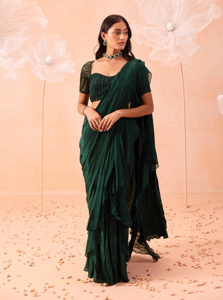 Emerald Draped Sari And Blouse by Parul Gandhi available on Indiaspopup.com