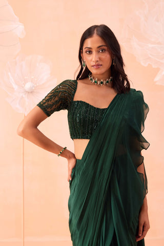 Emerald Draped Sari And Blouse by Parul Gandhi available on Indiaspopup.com