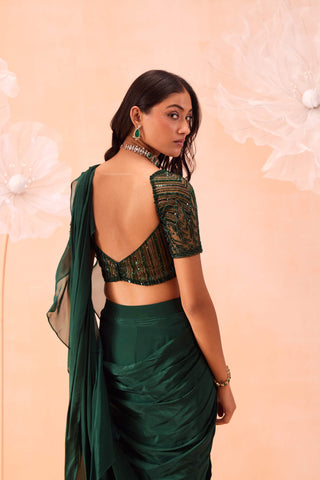 Emerald Draped Sari And Blouse by Parul Gandhi available on Indiaspopup.com