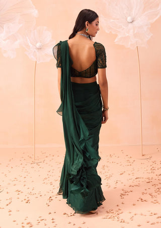 Emerald Draped Sari And Blouse by Parul Gandhi available on Indiaspopup.com