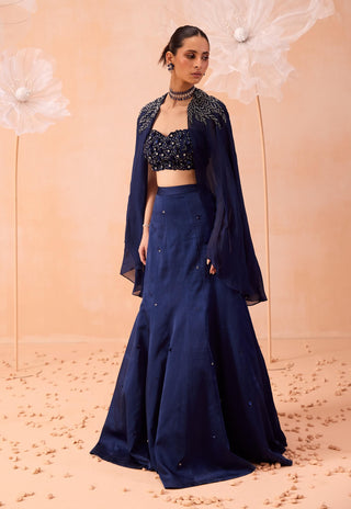 Blue Cape And Lehenga Set by Parul Gandhi available on Indiaspopup.com