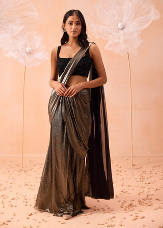 Nirwana Gold Black Draped Sari And Blouse by Parul Gandhi available on Indiaspopup.com