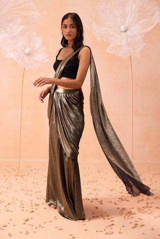 Nirwana Gold Black Draped Sari And Blouse by Parul Gandhi available on Indiaspopup.com