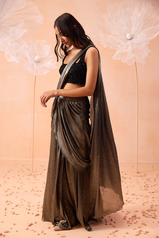 Nirwana Gold Black Draped Sari And Blouse by Parul Gandhi available on Indiaspopup.com