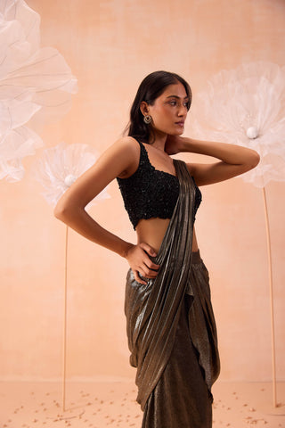 Nirwana Gold Black Draped Sari And Blouse by Parul Gandhi available on Indiaspopup.com